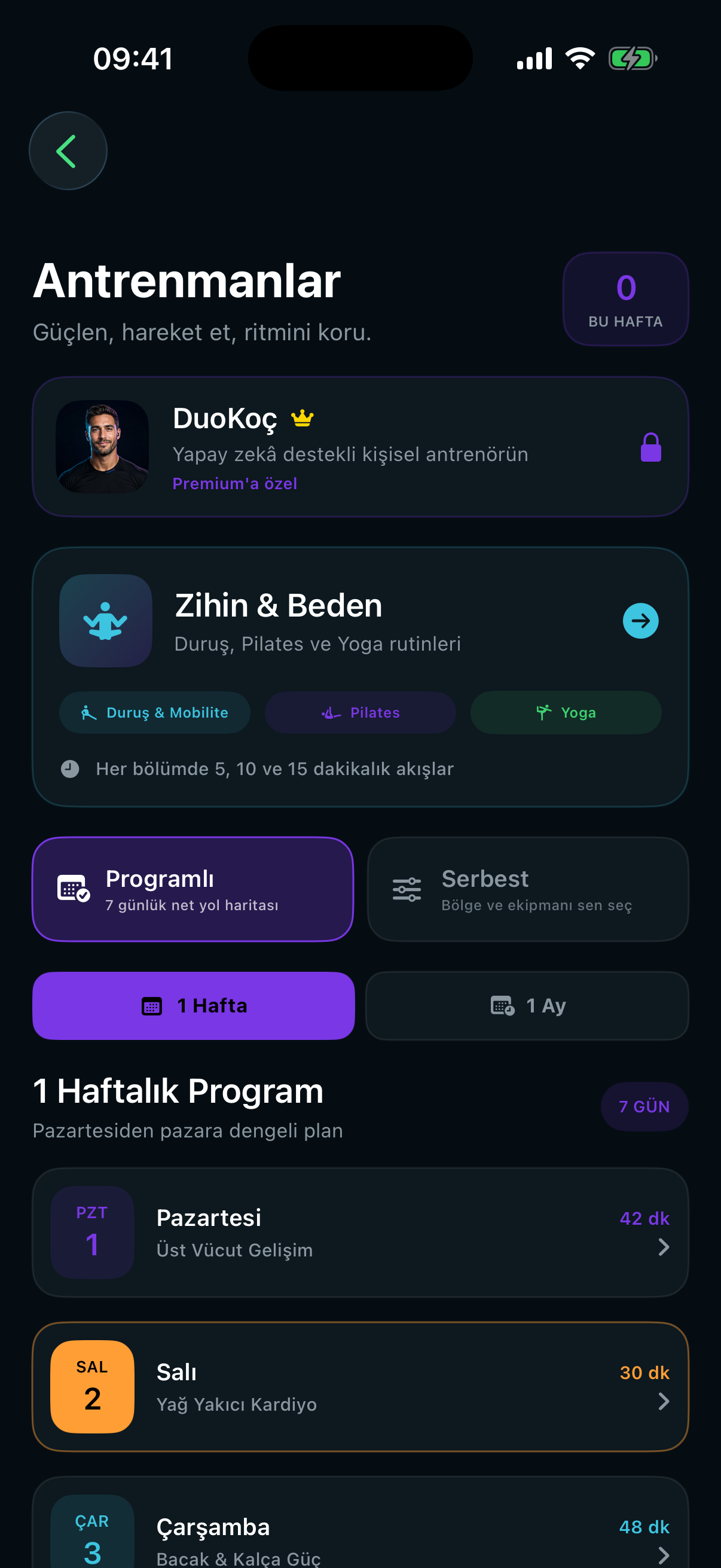 DuoFit Antrenmanlar ekranı